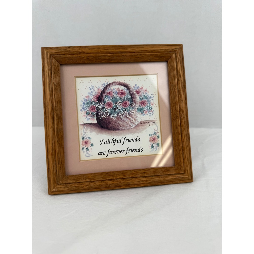 Vintage Granny Cottage Country Print‎ Framed Floral Art 6.5x6.5 Oak Frame